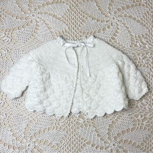 Vintage 1980s Baby Girl 6 Months White Crochet Dainty Cardigan Matinee Jacket